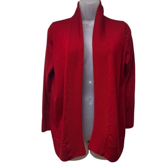 Talbots 100% Merino Wool Red Knit Open Cardigan Long Sleeves Size Large Petite - Picture 1 of 4
